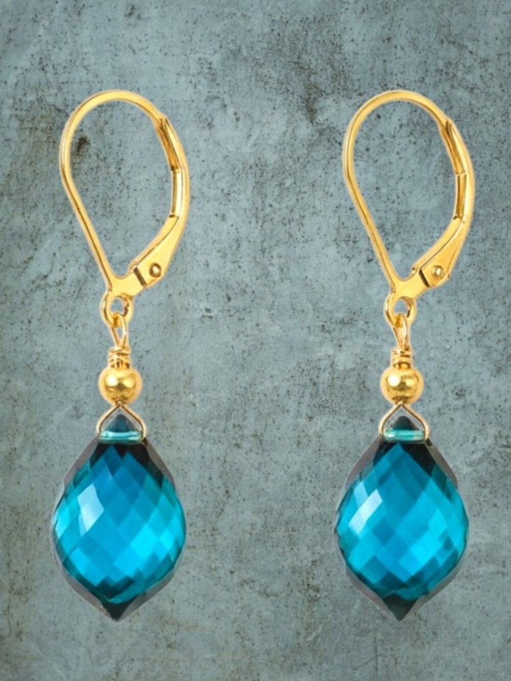 Lab Made Teal Blue Tourmaline Quartz Earrings on Rose Gold Filled Leverbacks